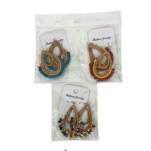 3 Piece Matching Set Calorvia Boho Wooden Beaded Rattan Earrings Teardrop Alloy